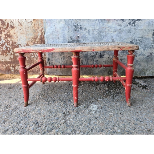 43 - Charming antique bergere cane two-seater stool/bench. Approx H26 x W69 x D37cm.