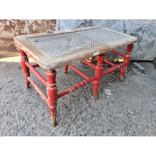 43 - Charming antique bergere cane two-seater stool/bench. Approx H26 x W69 x D37cm.