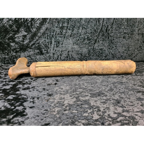 46 - Antique wooden and cast iron cobblers shoe last (no, it’s not Tim’s false leg!) Approx H54cm.