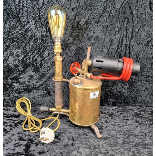 47 - Industrial-style electric table lamp repurposed from a vintage brass blow-torch. Approx H45cm.
