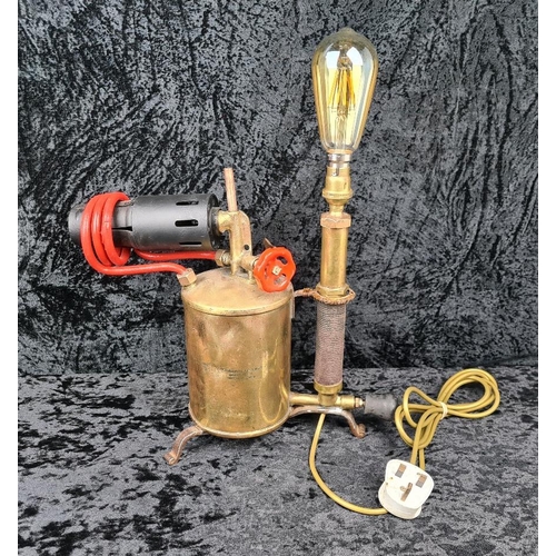 47 - Industrial-style electric table lamp repurposed from a vintage brass blow-torch. Approx H45cm.