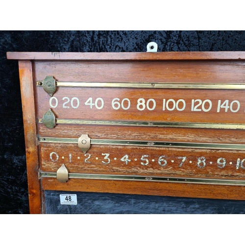 48 - Vintage wooden scoreboard for billiards or snooker with brass sliders for tracking points. Made by T... 