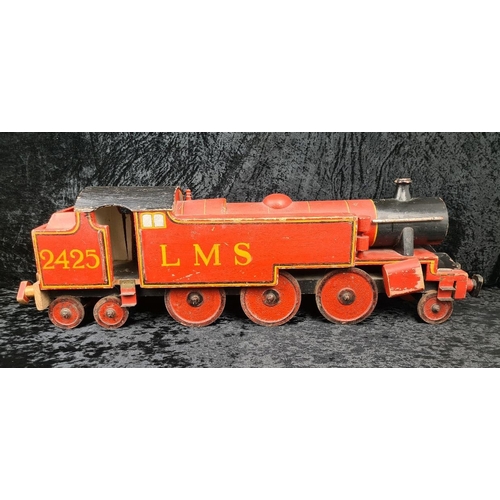 52 - Extra large, vintage, handsome and handmade wood and cast iron Hornby model train locomotive with th... 