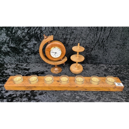 55 - Trio of treen! Wooden globe clock, tea light holder with glass inserts and a hand-crafted earring st... 