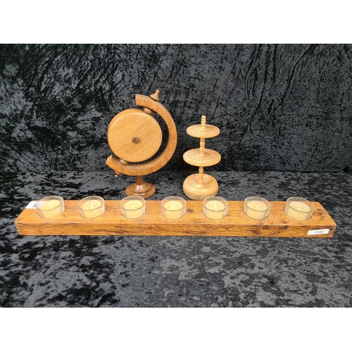 55 - Trio of treen! Wooden globe clock, tea light holder with glass inserts and a hand-crafted earring st... 
