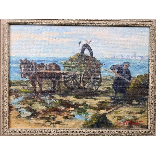 57 - Evocative oil painting by well-known British artist Ernest Knight - entitled Gathering Kelp - Britta... 