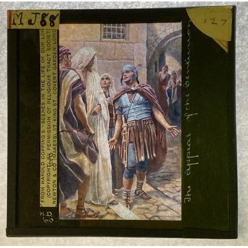 62 - Box of antique Magic Lantern glass plates - this collection features a mix of slides including paint... 