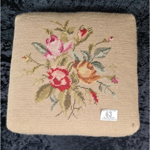 63 - Small Victorian floral design needlepoint footstool with wooden cabriole legs.