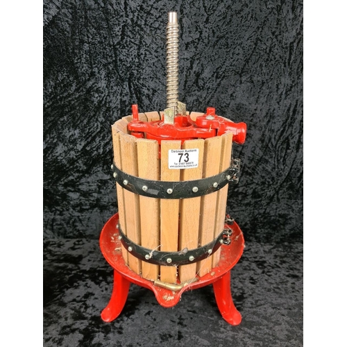 73 - Nice table top wood and painted cast iron fruit and wine press with wooden blocks - missing top hand... 