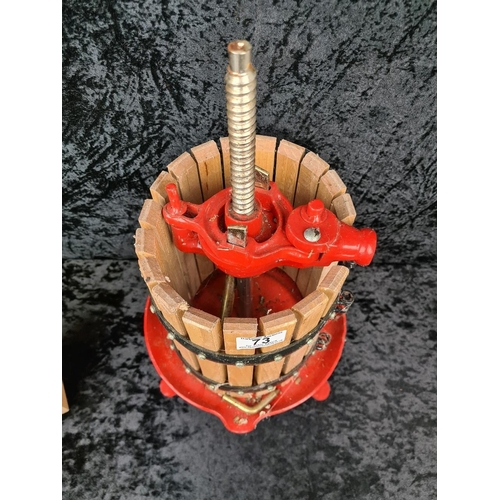 73 - Nice table top wood and painted cast iron fruit and wine press with wooden blocks - missing top hand... 