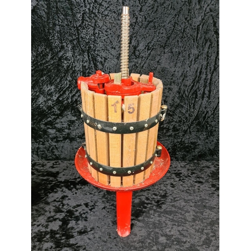73 - Nice table top wood and painted cast iron fruit and wine press with wooden blocks - missing top hand... 