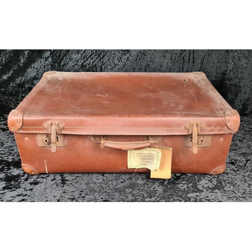 83 - Good pair of vintage brown leather suitcases, both handles intact. Largest approx W65 x D39cm.