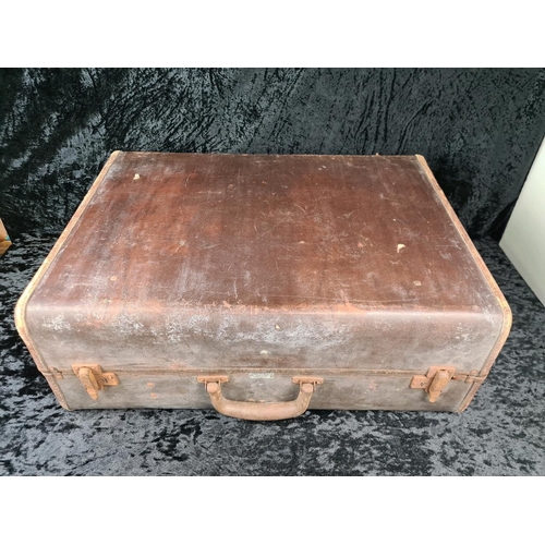 83a - Original vintage Samson brown leather suitcase with check fabric lining. Approx W62 x W45cm.