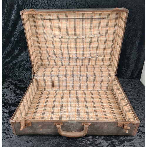83a - Original vintage Samson brown leather suitcase with check fabric lining. Approx W62 x W45cm.