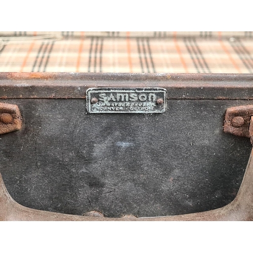 83a - Original vintage Samson brown leather suitcase with check fabric lining. Approx W62 x W45cm.