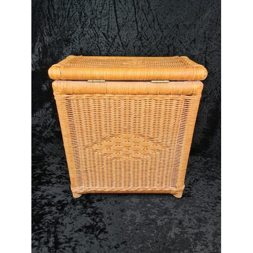 87 - Rattan/wicker rectangular laundry basket with lining and metal hinges. Approx H51cm.