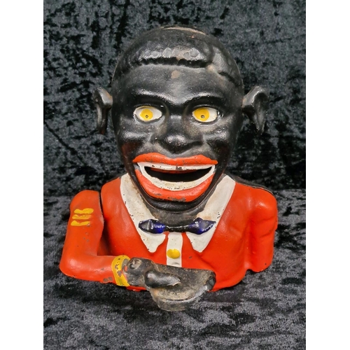 98 - Vintage reproduction cast iron 'Greedy Boy' mechanical money box.