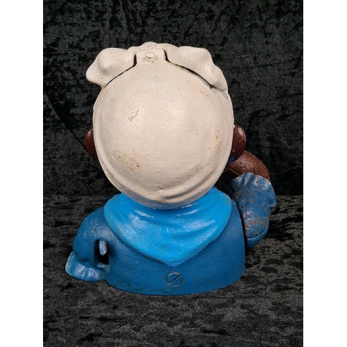 99 - Vintage reproduction cast iron 'Jolly Woman' mechanical money box.