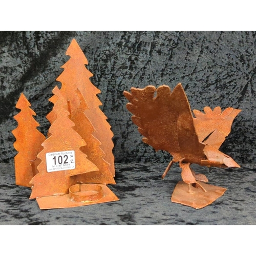 102 - Handcrafted Canadian rusted metal folk art eagle ornament and pine tree tea light holder, approx H21... 