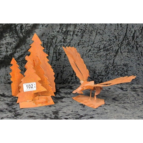 102 - Handcrafted Canadian rusted metal folk art eagle ornament and pine tree tea light holder, approx H21... 