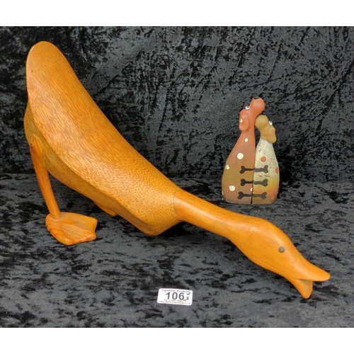 106 - Hand-carved Indian Runner Duck ornament, made from bamboo root, by DCUK with stamp to base of one fo... 