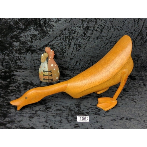 106 - Hand-carved Indian Runner Duck ornament, made from bamboo root, by DCUK with stamp to base of one fo... 