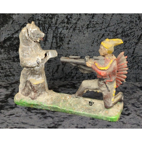 107 - Mid-century cast iron mechanical money box - known as Indian and Bear, or Indian Shooting Bear - a r... 