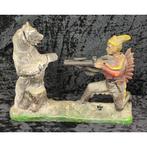 107 - Mid-century cast iron mechanical money box - known as Indian and Bear, or Indian Shooting Bear - a r... 