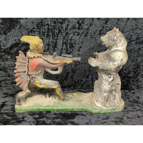 107 - Mid-century cast iron mechanical money box - known as Indian and Bear, or Indian Shooting Bear - a r... 