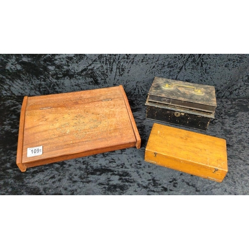 109 - Three very different types of collectible boxes - vintage writing slope (approx W33 x D25cm), antiqu... 