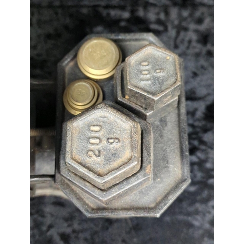 112 - Set of vintage scales with weights, and two brass toasting forks.