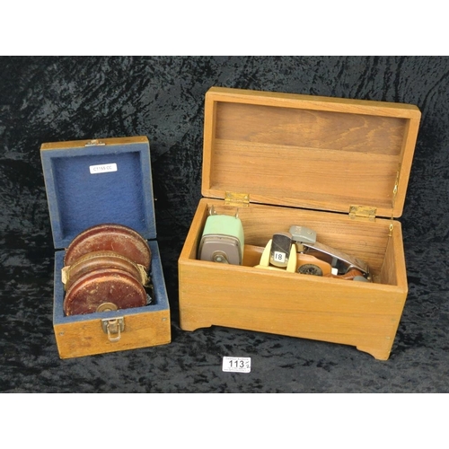 113 - Two vintage wooden boxes filled with old tape measures and original office stationery essentials!