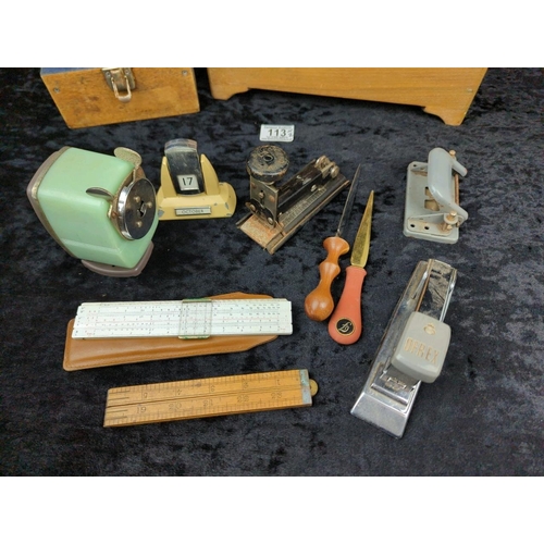 113 - Two vintage wooden boxes filled with old tape measures and original office stationery essentials!