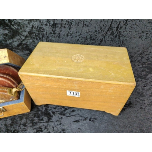 113 - Two vintage wooden boxes filled with old tape measures and original office stationery essentials!