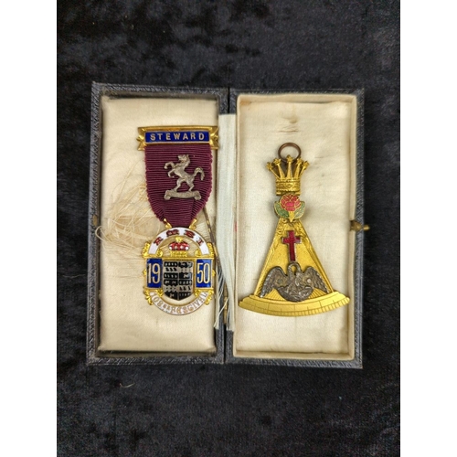 115 - Selection of Masonic items from various Lodges including mugs, medals and a blue leather apron.