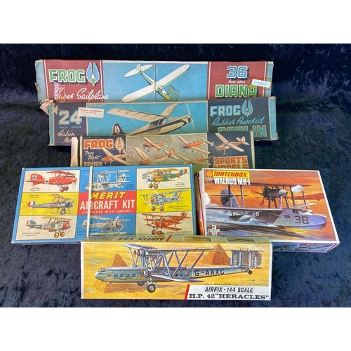 131 - Three c1940s Frog brand model aircraft, unmade, and three Merit, Matchbox and Airfix aircraft kits -... 