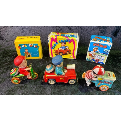 135 - Three vintage tinplate toys, 'fire chief', 'ice cream truck' made in China, and 'ringing tricycle' m... 
