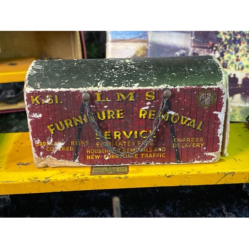 146 - Hornby 0 gauge Meccano timber transporting goods wagons and three 1950s Meccano magazines, five smal... 
