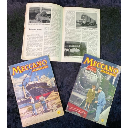 146 - Hornby 0 gauge Meccano timber transporting goods wagons and three 1950s Meccano magazines, five smal... 