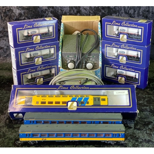 156 - Lima 00 gauge models - six milk tanker goods wagons, boxed, double decker passenger coach, boxed, tw... 