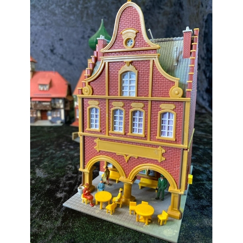 159 - H0 gauge plastic train layout models, German style pubs, shops and a church wedding! Total of seven ... 