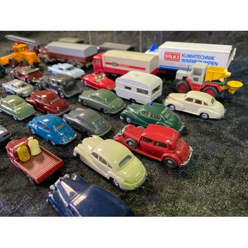 163 - Wiking scale models - 13 commercial vehicles, 20 cars and one caravan.