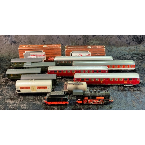 168 - H0 Gauge models. Two Lima diesel engines (red), two Lima carriages, two Liliput boxed goods wagons a... 