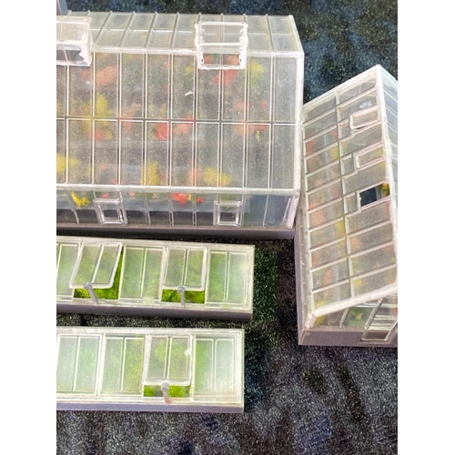 173 - H0 gauge plastic train layout models, German style, greenhouses, watermill and other industrial. Tot... 