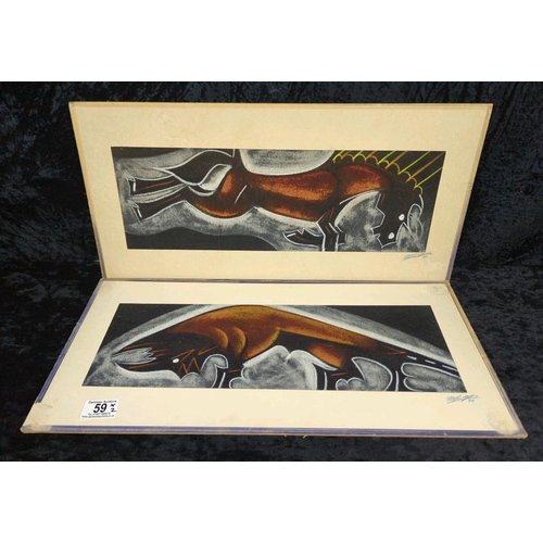 59 - Pair of mixed media pictures on velvet of a horse and a bull - most likely crayon, chalk and charcoa... 