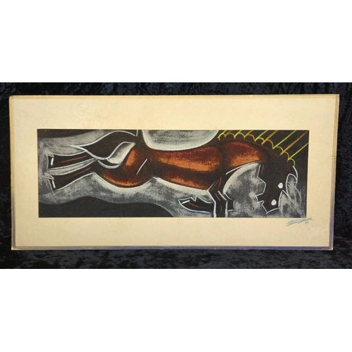 59 - Pair of mixed media pictures on velvet of a horse and a bull - most likely crayon, chalk and charcoa... 