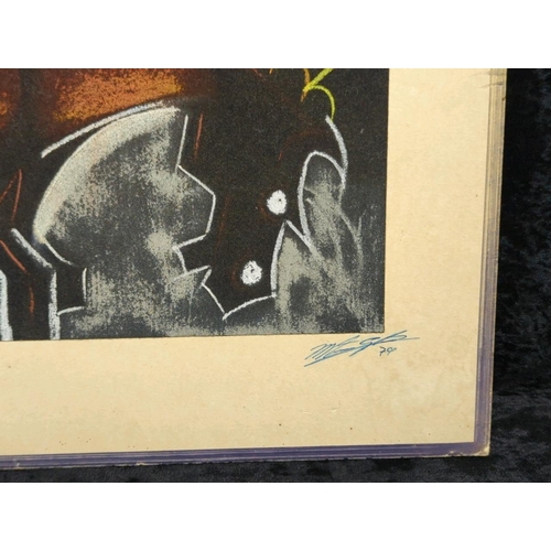 59 - Pair of mixed media pictures on velvet of a horse and a bull - most likely crayon, chalk and charcoa... 