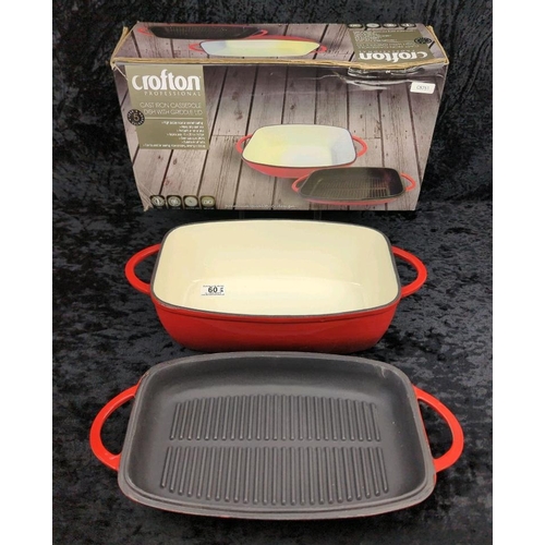 60 - Brand new (with box) red cast iron casserole dish with griddle lid, made by Crofton Professional.