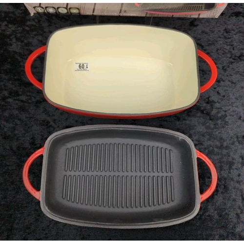 60 - Brand new (with box) red cast iron casserole dish with griddle lid, made by Crofton Professional.