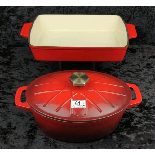61 - Large red cast iron baking dish and VonShef red cast iron lidded casserole dish.
